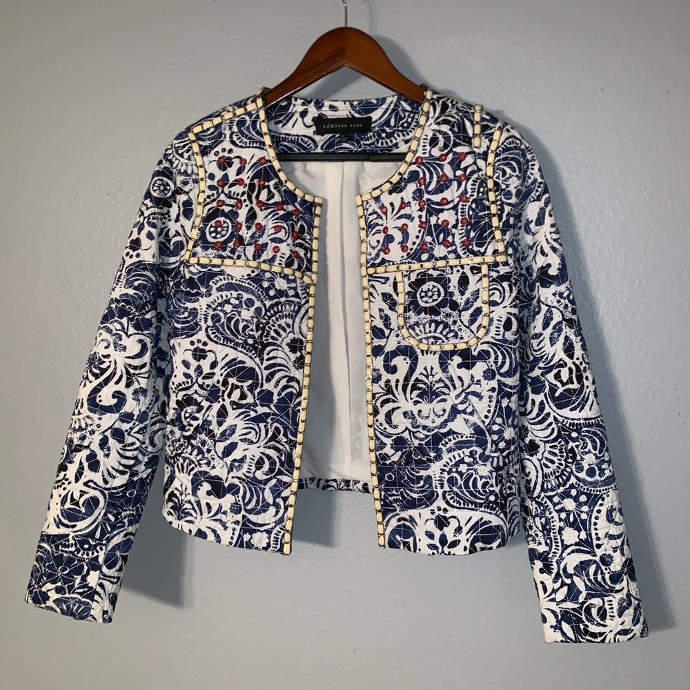 Detailed blue and white coat